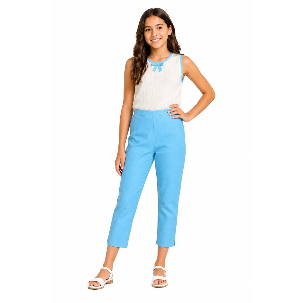 Vintage 60s Girls 8-10 Pants Light Blue Capri Tapered Slit Hem Cotton Blend